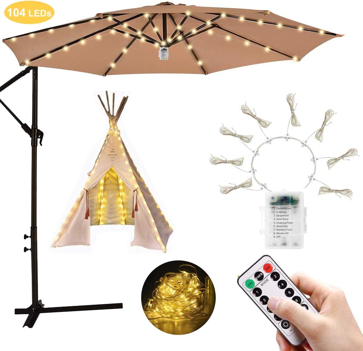 Patio Umbrella Light String Lights,Warm White 104 LEDs 8 Lighting Mode with Remote Control,3 AA