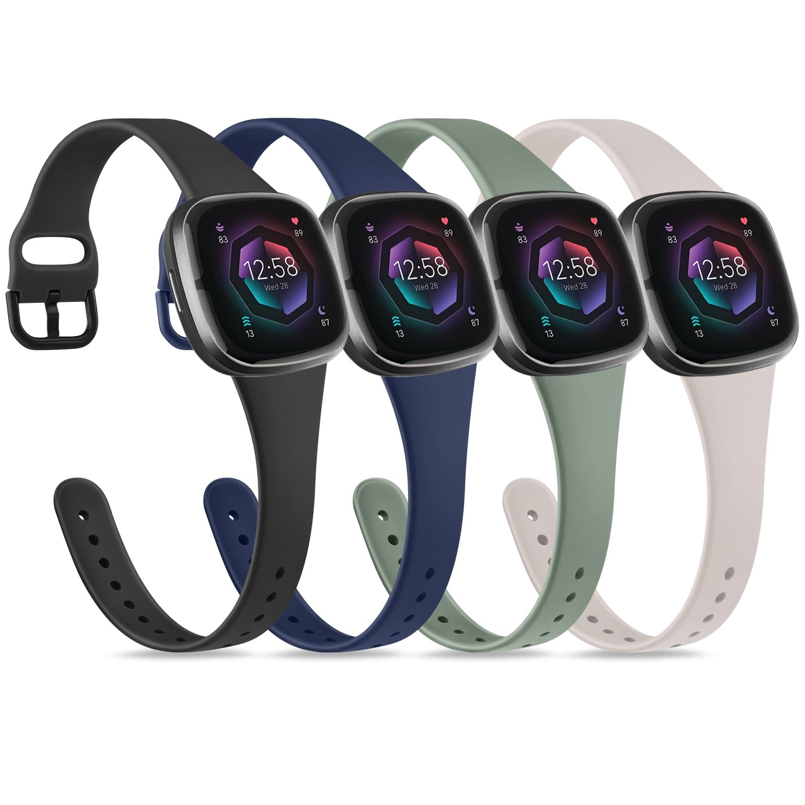 Strap compatible for Fitbit Versa 3 Straps/Sense/Sense 2 Strap for Women Men, Soft Slim Thin Silicone Replacement Band Wristband Watchband for Fitbit Versa 4 (4-PACK 02)