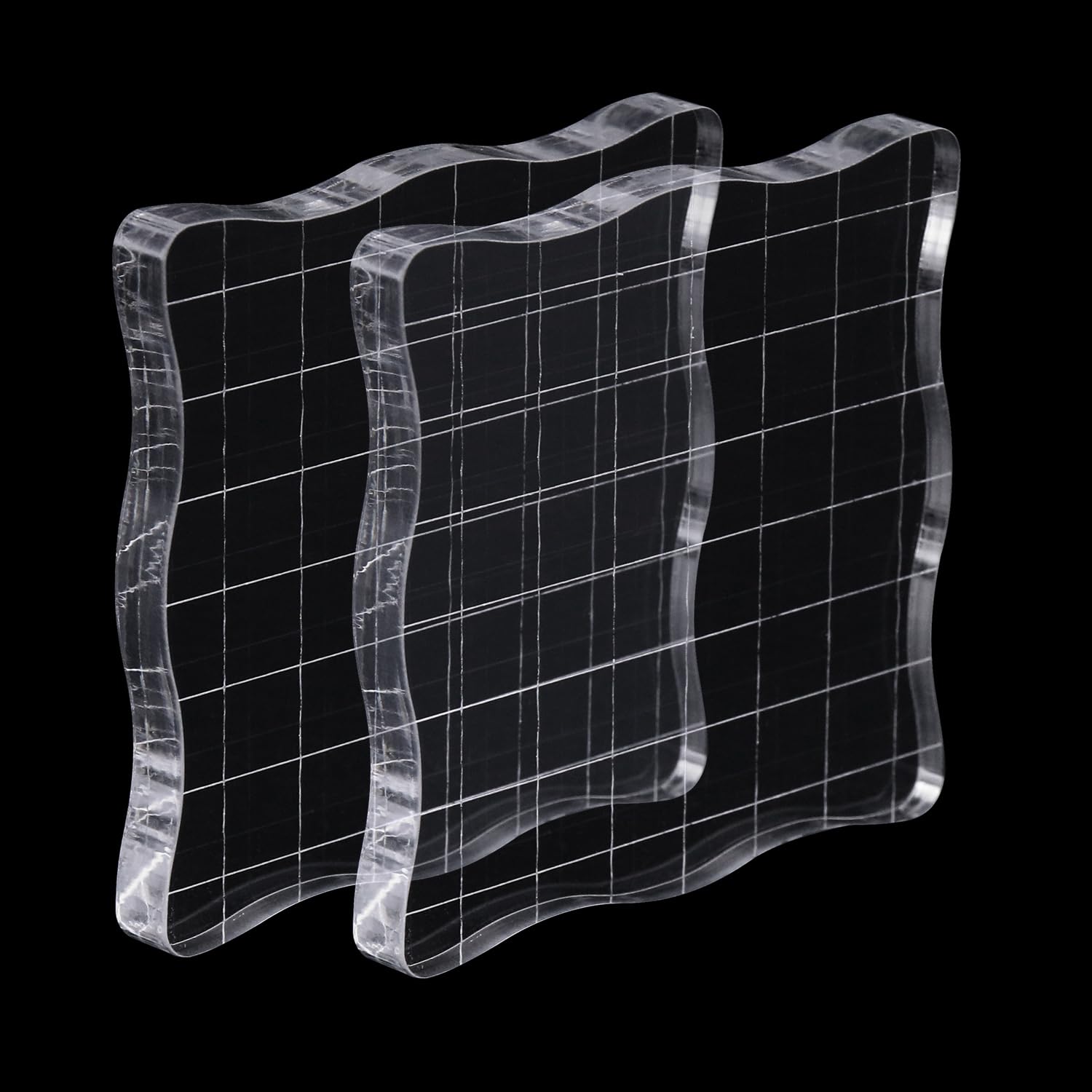 Hosifiy Set of 2 Wavy Acrylic Stamp Blocks with Grid Lines, 7.5 x 7.5 cm, Transparent, Ideal for Scrapbooking and Card Making