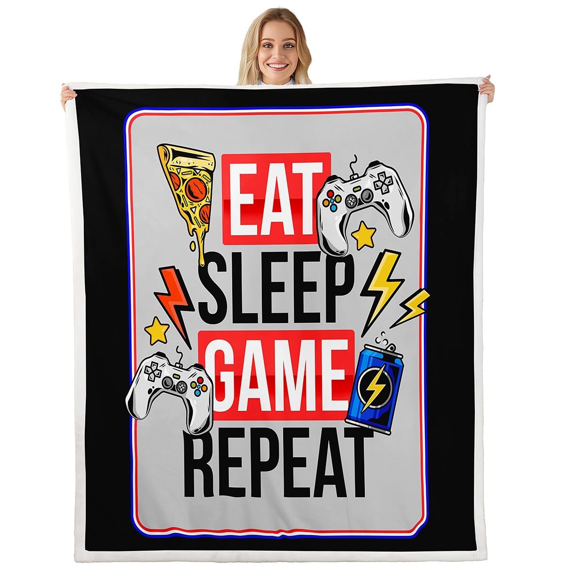 Loussiesd Gamepad Sherpa Throw Blanket Video Game Fleece Blanket for Sofa Couch Gamer Plush Blanket Pizza and Modern Game Controller Room Decor Double 60"x79" Blanket
