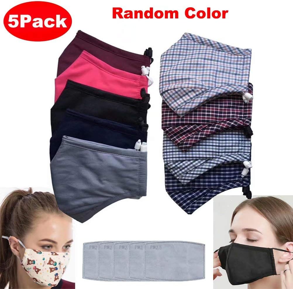 Washable Cotton PM2.5 Mouth Mask with Activated Carbon Filter, Adjustable Anti Dust Face Mask Protective Cloth Mask,5 Pack Random Color