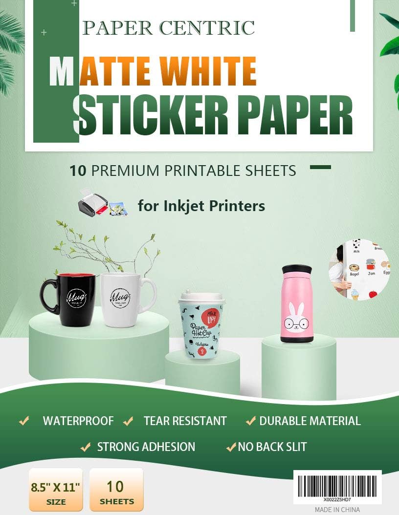 Paper Centric, Matte White Sticker Paper - Waterproof - 10 Sheets Printable Vinyl- for Inkjet Printers