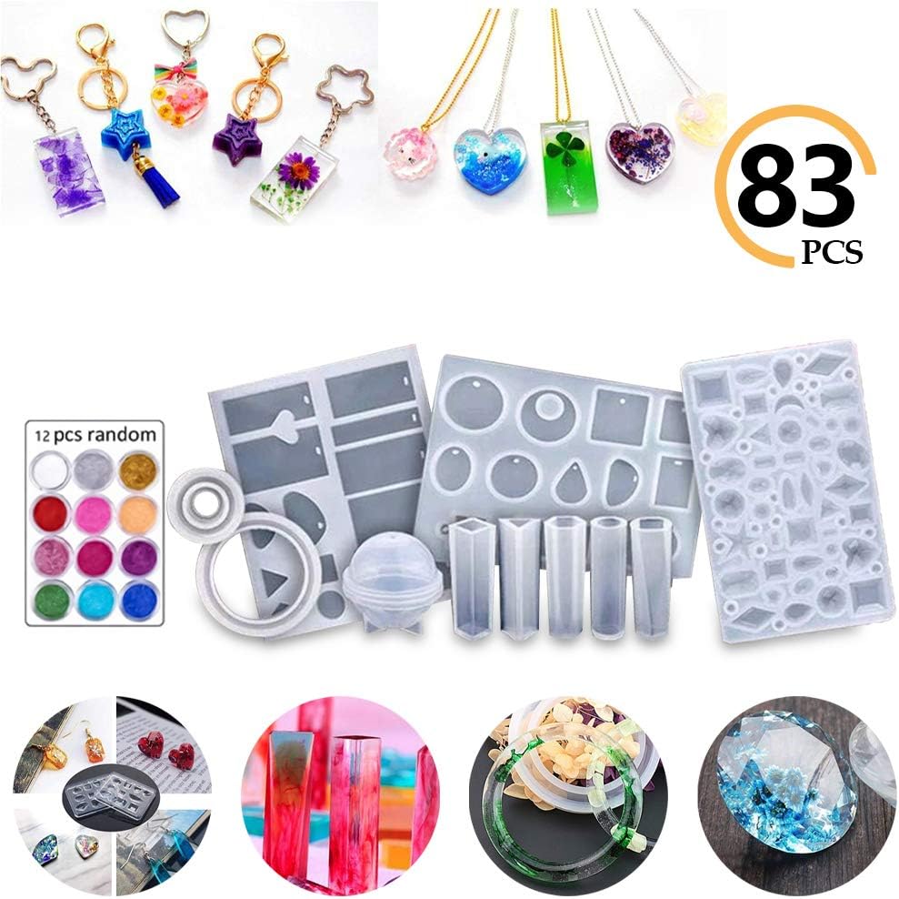 Crystal Glue Mold 83 Pcs Set Silicone Casting Molds Epoxy Resin Silicone Molds Tools Set Can be Used to Make DIY Pendant Earrings Necklace Bracelets for DIY Jewelry Craft Making