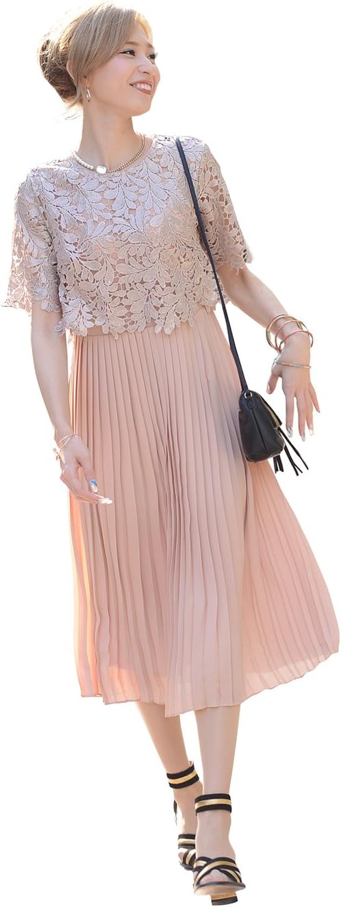 Women Lady maxi Dress Lace Summer Short Sleeve pleated dresses with Chiffon Lining