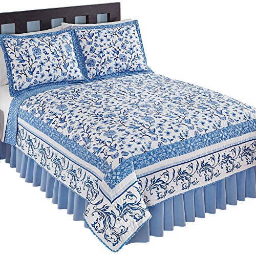 Collections Reversible Delicate Floral Butterfly White & Navy Bedding Quilt with Scroll Border, Blue, Twin