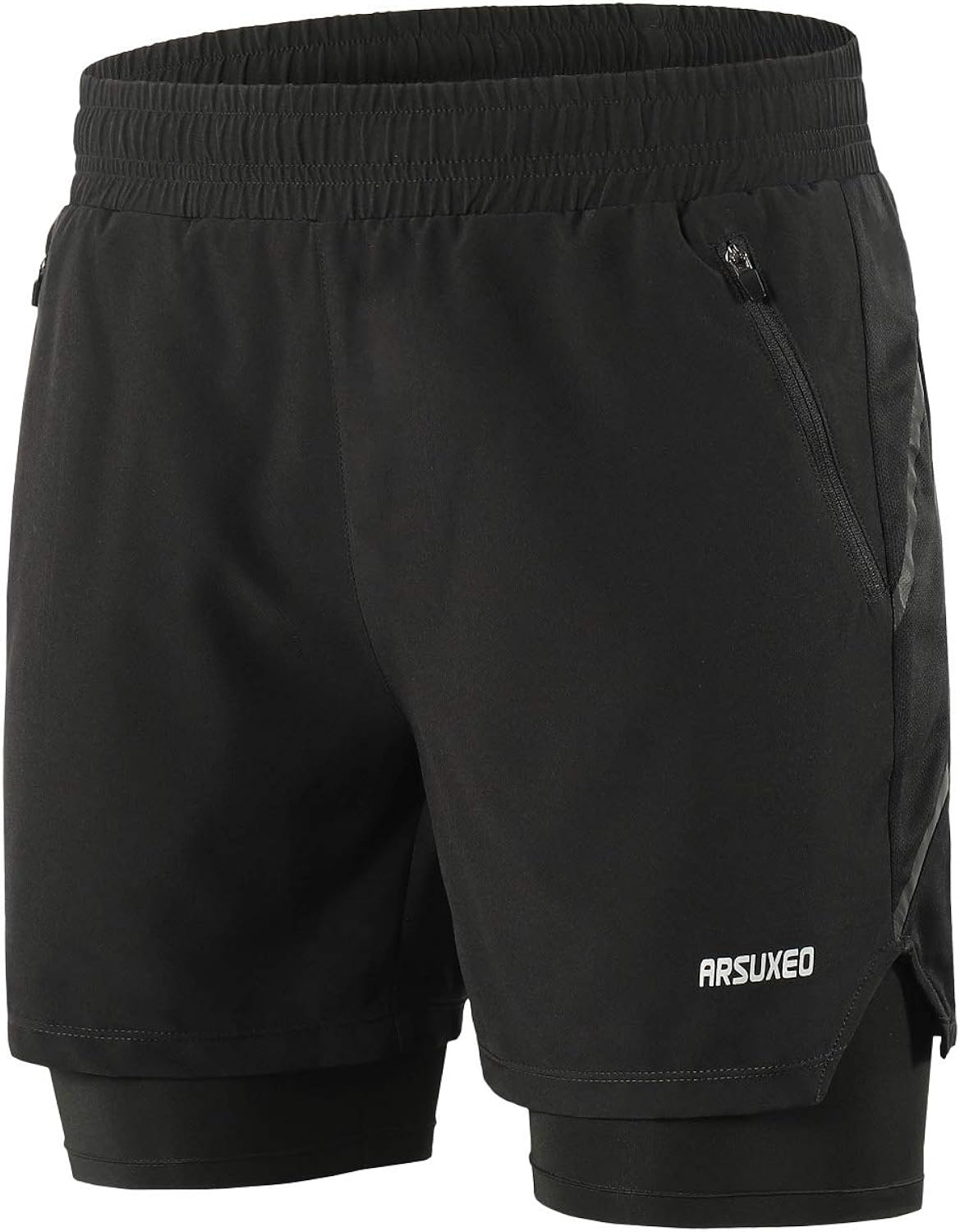 ARSUXEO Men's 2 in 1 Active Running Shorts with 2 Zipper Pockets B191: Clothing