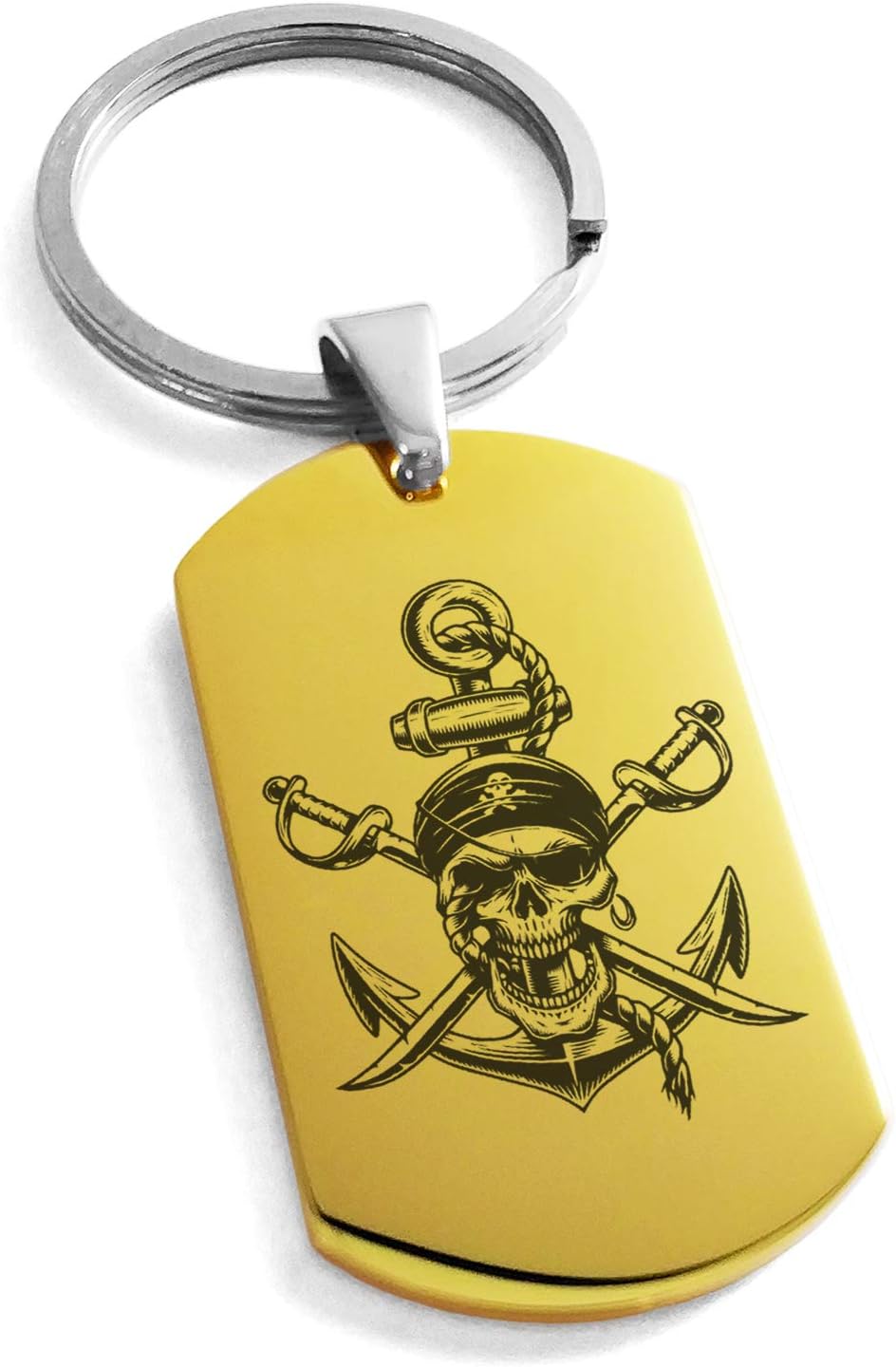 Tioneer Stainless Steel Pirate Skull Anchor & Cross Swords Symbol Engraved Dog Tag Keychain Keyring