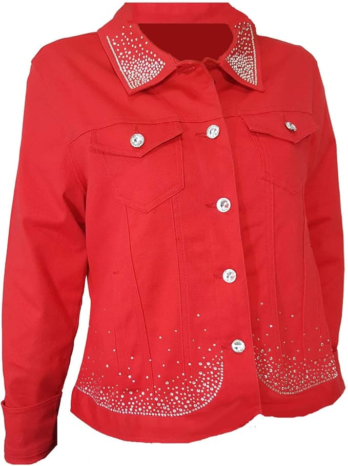 Denim Jacket Red Bling Rhinestone with Stretch Womens at Amazon Women's