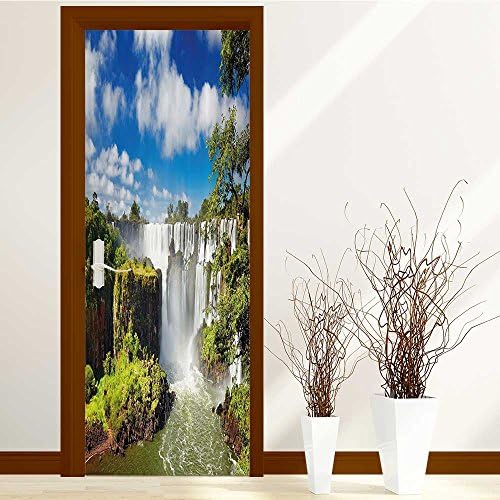 lihousehold 3D Door Wall Mural Wallpaper Stickers-2 Pcs Wooden Door Self-adhesive PVC Removable Waterproof Art Door Decals 30x79 inch(American Flag USA Stars and Chevrons Theme Red Blue Des)