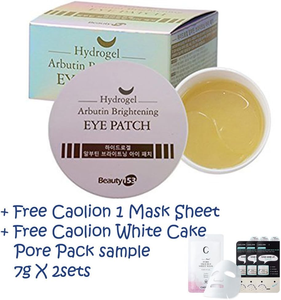 Hydrogel Arbutin Brightening Eye Patch (60pcs) Brightening, Hydrating, Anti wrinkle effect 1 set + Gifts Caolion 1 Mask Sheet + Caolion Premium Pore White Cake Pack 7g sample X 2 sets