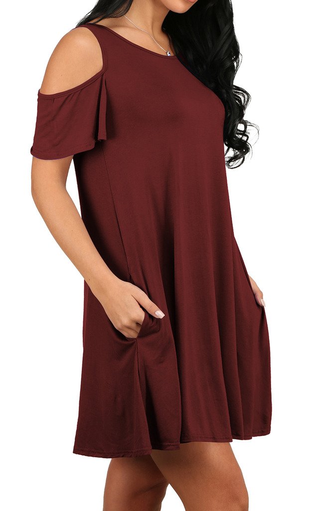 Women\'s Casual Short Sleeve Two Side Pockets Tunic T-Shirt Dress Wine Red S