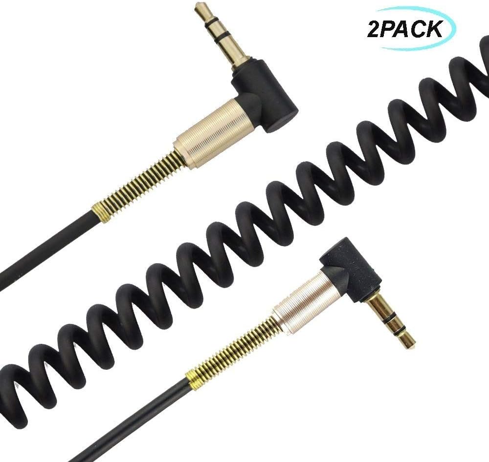 LiKuCo2Pack 3.5mm Coiled Audio Cable Cord, 90 Degree Double Right Angle AUX Cable with Steel Spring Relief for Headphones, iPods, iPhones, iPads, Home/Car Stereos and More (2Pack)