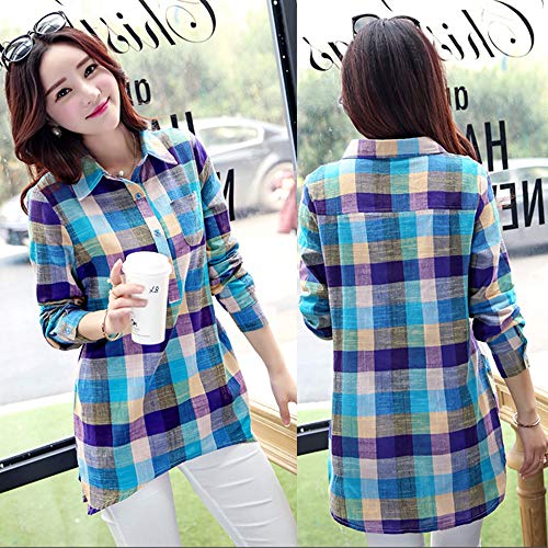 Usstore Women Girls Colorblock Plaid Casual Blouse Mandatory Full Sleeve Button Loose Daily Shirt Top Coat Cardigan (XXL, Blue)