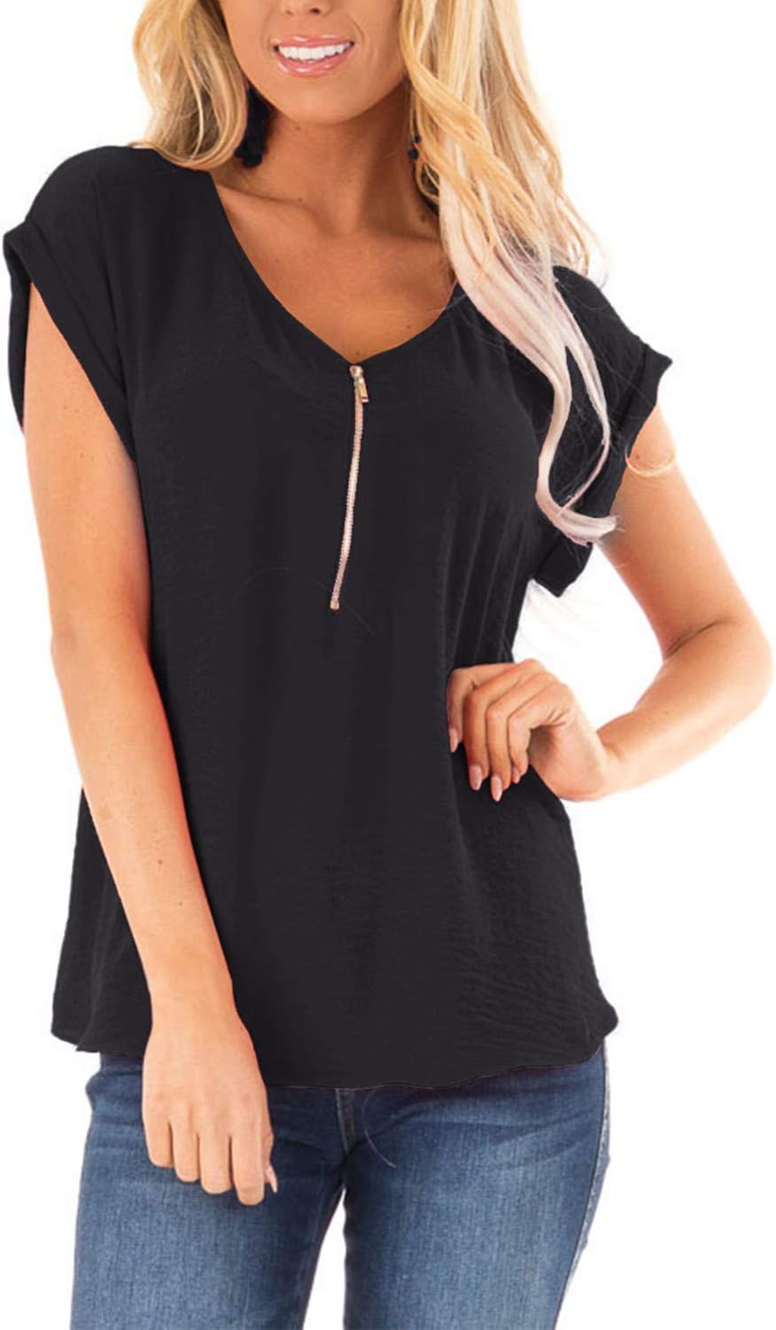 Ehpow Women Summer V Neck Solid T-Shirt Casual Zip up Short Sleeve Blouse Tops