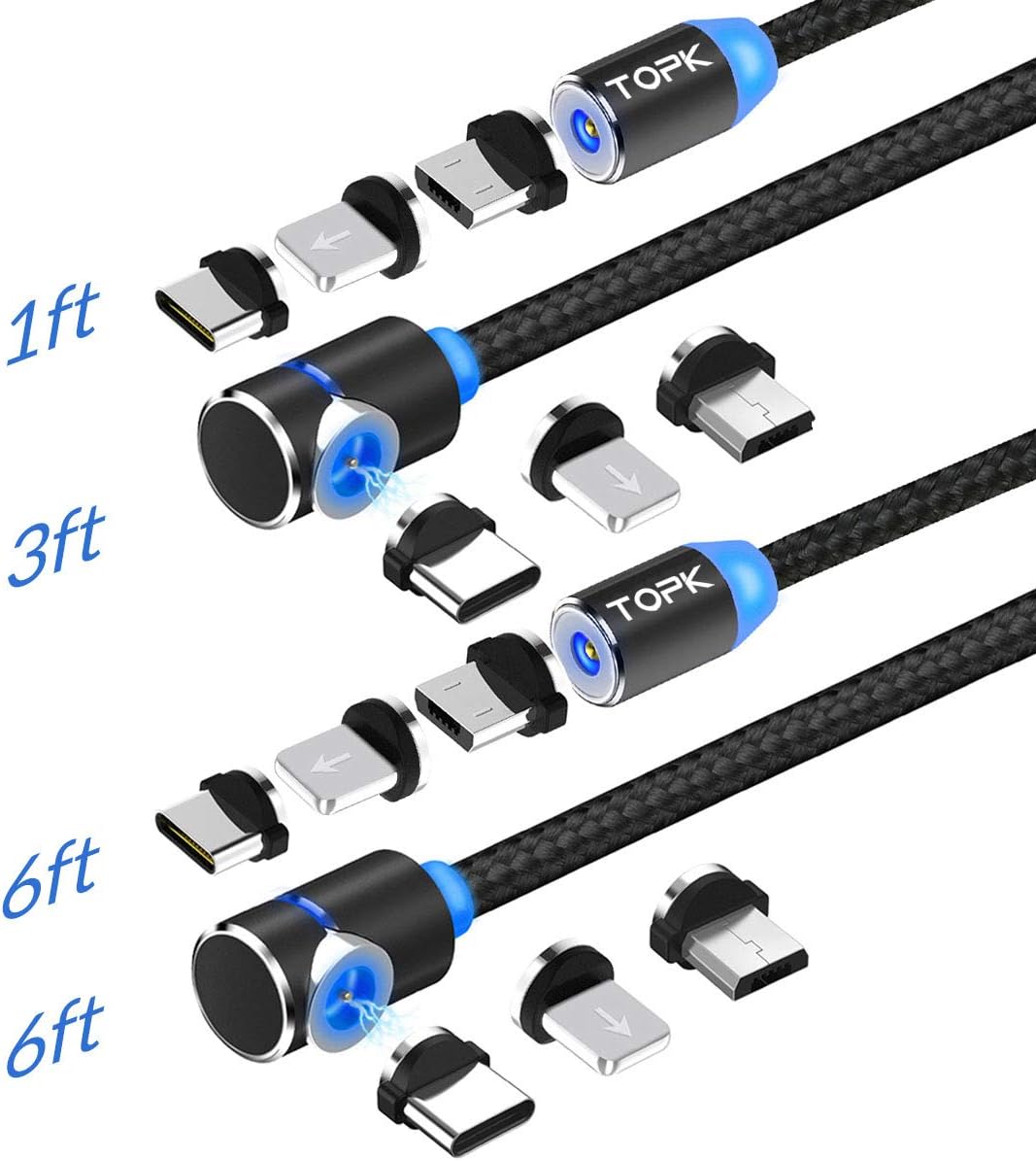 TOPK USB Cable,4Pack,1ft/3ft/6ft/6ft 3 in 1 Charging
