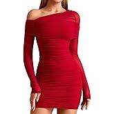 HTZMO Women Long Sleeve Sexy Off Shoulder Short Dress Bodycon Ruched Homecoming Going Out Party Club Mini Dress