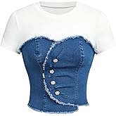 Milumia Women's Short Sleeve Denim Crop Top Raw Hem Slim Fitted Y2k Going Out Tee Tops