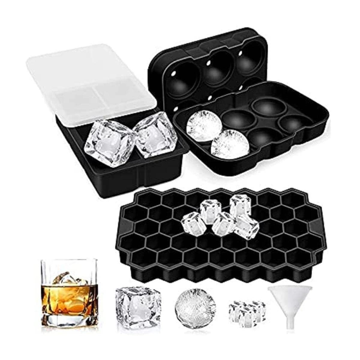 Nicoman Easy-Release Silicone Ice Cube Mould with Spill-Resistant Lids, Combo Giant Ice Ball & Ice Cube & Hexagon Ice Cube, Suitable for Whiskey Wine or Any Drink, (Set of 3) Black