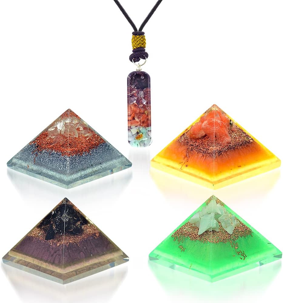 Mixed Media - Healing & Cleansing Set - Portable Orgonite Crystal Mini Pyramids of Crystal quartz, Black Obsidian, Chrysoprase, Orange Calcite to feel energized, balanced, grounded, calm and centered