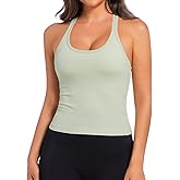 Tpleetkee Built in Bra Tank Tops for Women Scoop Neck Longline Workout Tank Top Ribbed Seamless Yoga Racerback Tank Shirts