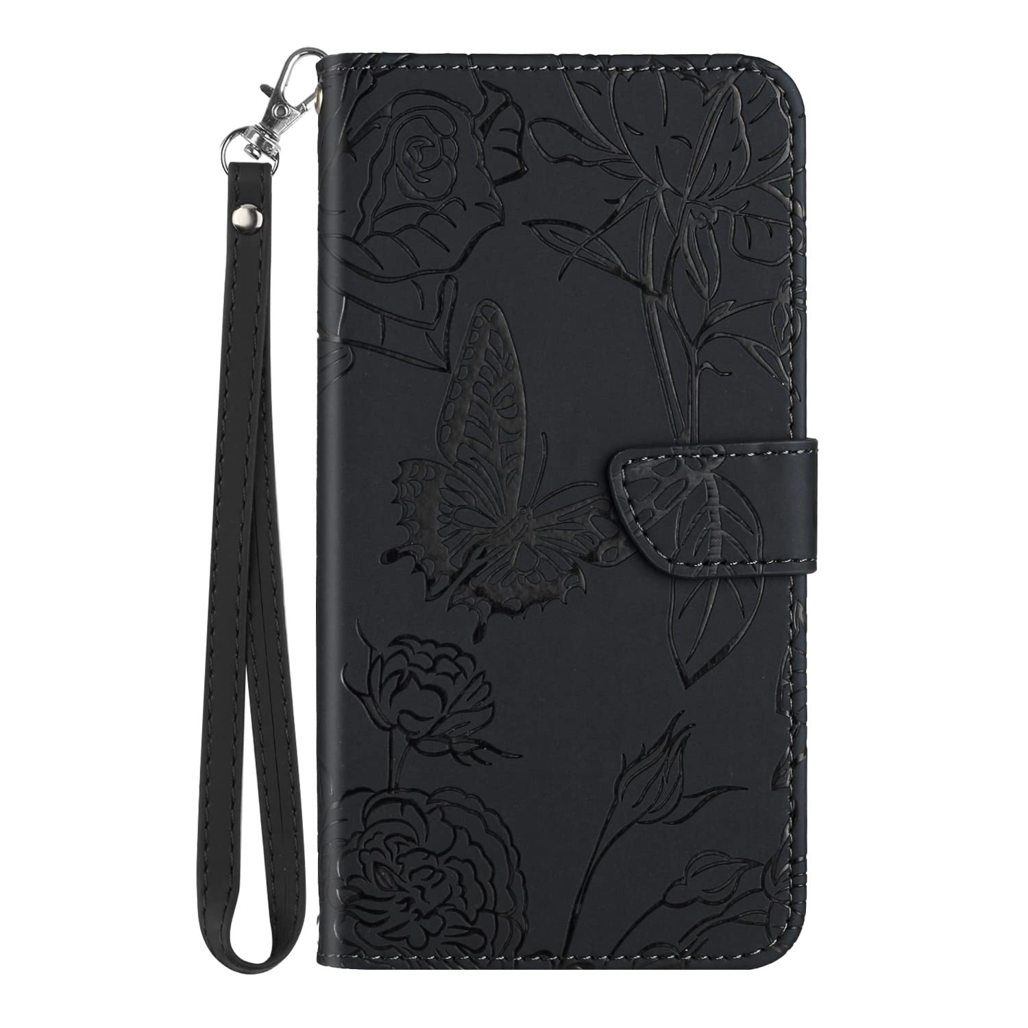 Mobile Phone Case for TCL 30 SE/30E/306/305, Butterfly and Flower Embossing Design, Soft Leather Folding Shockproof Case with Photo Slot and Stand Dark Black