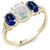 Gem Stone King 10K Yellow Gold 3-Stone Diamond Engagement Ring 2.2Ct Cabochon White Simulated Opal Blue Created Sapphire