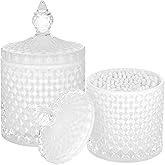 2 Pack Qtip Holder Thick Glass Apothecary Jars with Lid for Bathroom Decor Storage Organizer for Cotton Swabs, Balls, Pads, Floss Picks, Candy, Jewelry, White