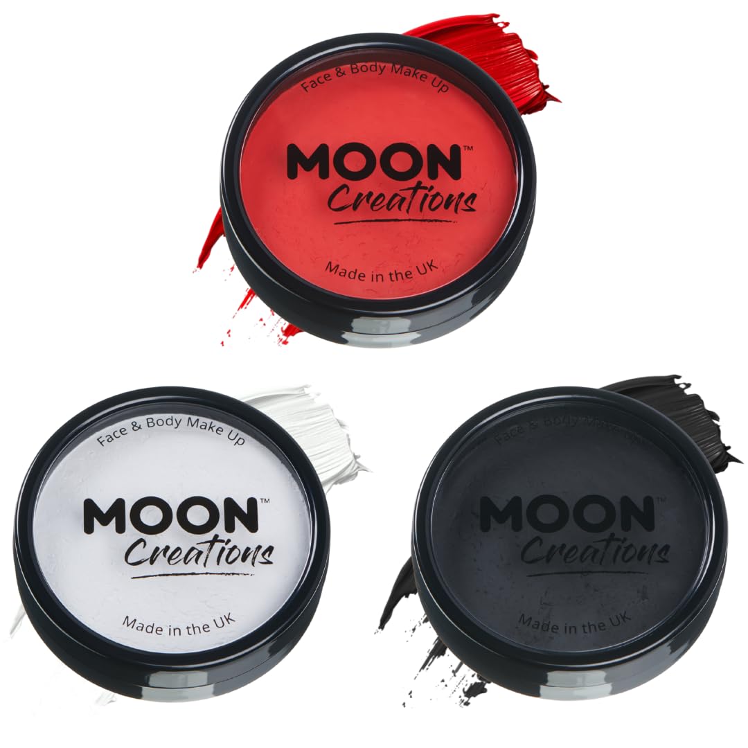 Moon Creations Halloween Makeup Set For Face & Body| Bright Red, White, Black Set | 36g | Professional Colour Paint Cake Pots for Face Painting | Face Paint For Kids, Adults, Halloween Face Paint