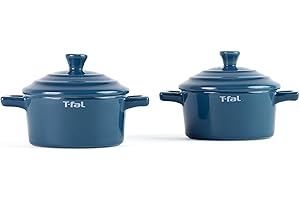 T-Fal Ceramic 2 Pc Mini-Cocotte set with lids, uniform heat-distribution, oven, microwave, freezer and dishwasher safe, blue