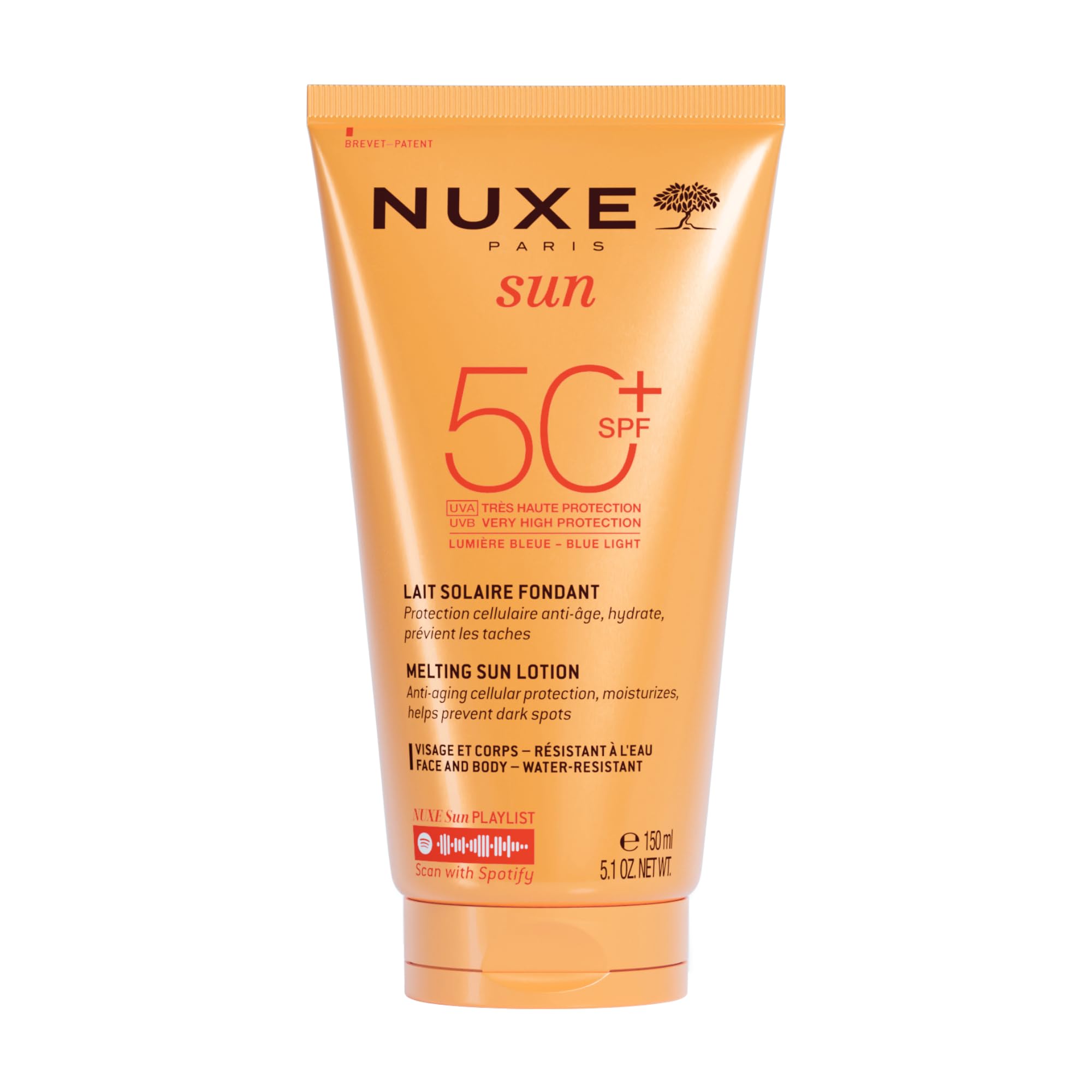Nuxe Sun Melting Sun Lotion SPF50 150ml, Broad-Spectrum Face & Body Sunscreen, Protects from UVA/UVB & Blue Light, Enhances Tan with Patented Filters, Vegan Formula