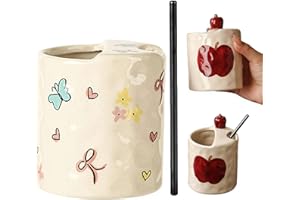 Ceramic Espresso Cups with Sip Hole, Hand-Painted Apples Design Coffee Mugs, Handmade Pottery Travel Tumbler for Tea Latte an