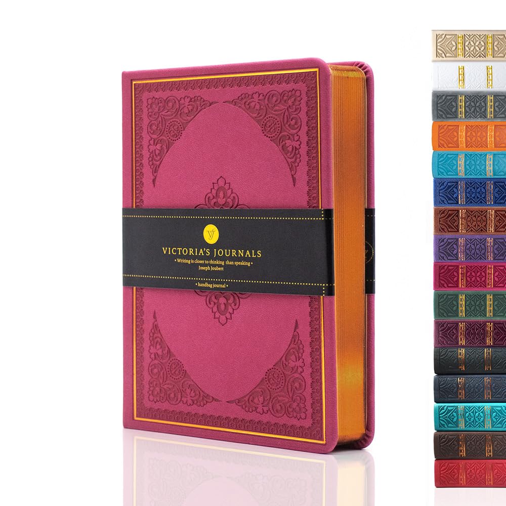 VICTORIA'S JOURNALS Leatherette Vintage Journal Hard Cover Lined Notebook Old Looking Travel Diary (Pink, B6) — image 1