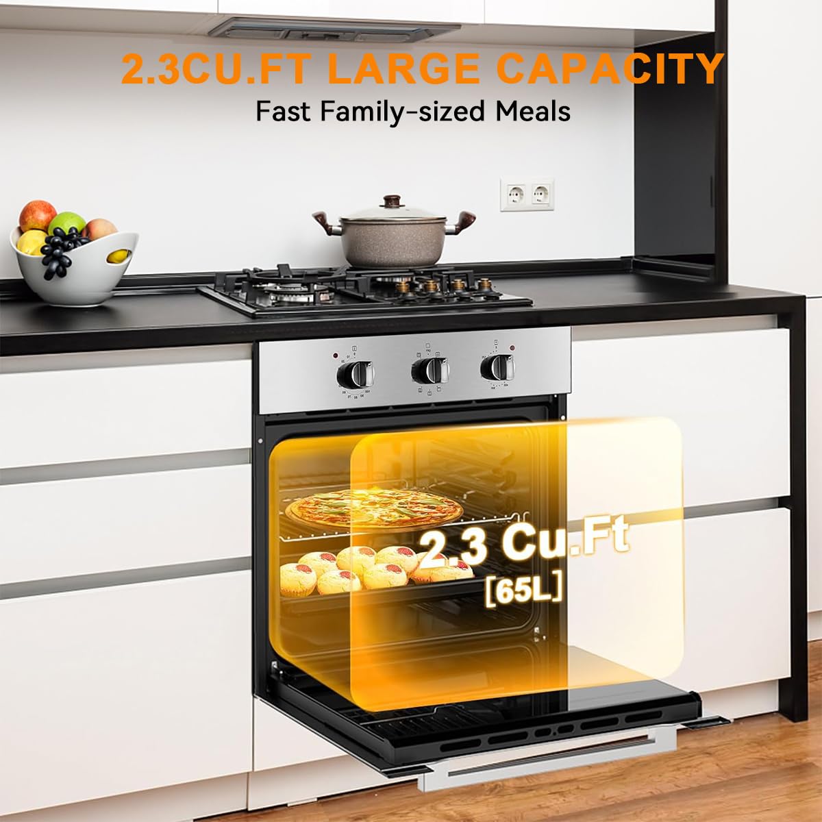 Electric Wall Ovens 24 Inch, GASLAND ES609MS Built-in Electric Wall Oven, 240V 3200W 2.3Cu.ft Convection Oven with Rotisserie, 9 Cooking Modes, Mechanical Knob Control, Stainless Steel