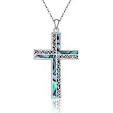 Iringnier Cross Necklace 925 Sterling Silver Turquoise Abalone Cross Pendant Necklace Religious Jewelry Gifts