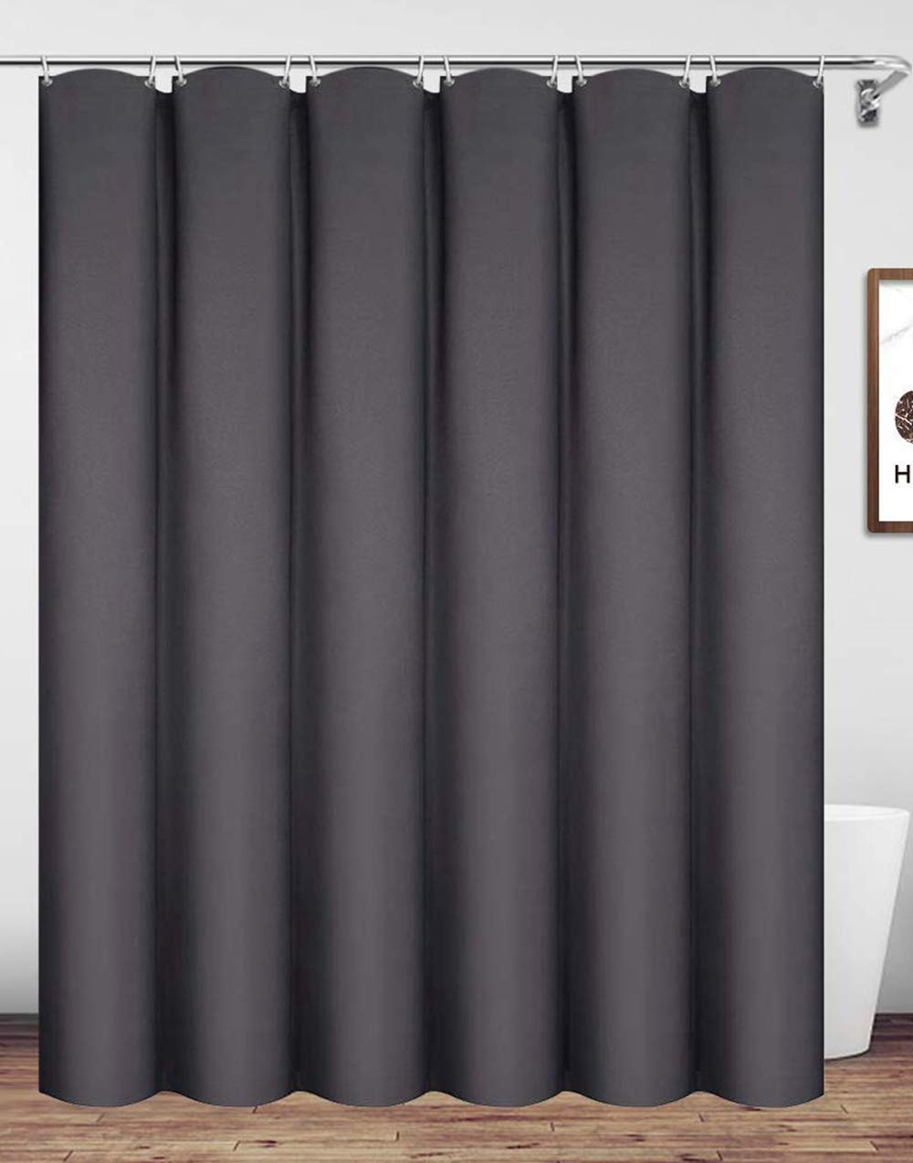 Homehold Charcoal Grey Shower Curtain With Hooks, 180cm Wide By 220cm Long Polyester Waterproof Bathroom Curtain