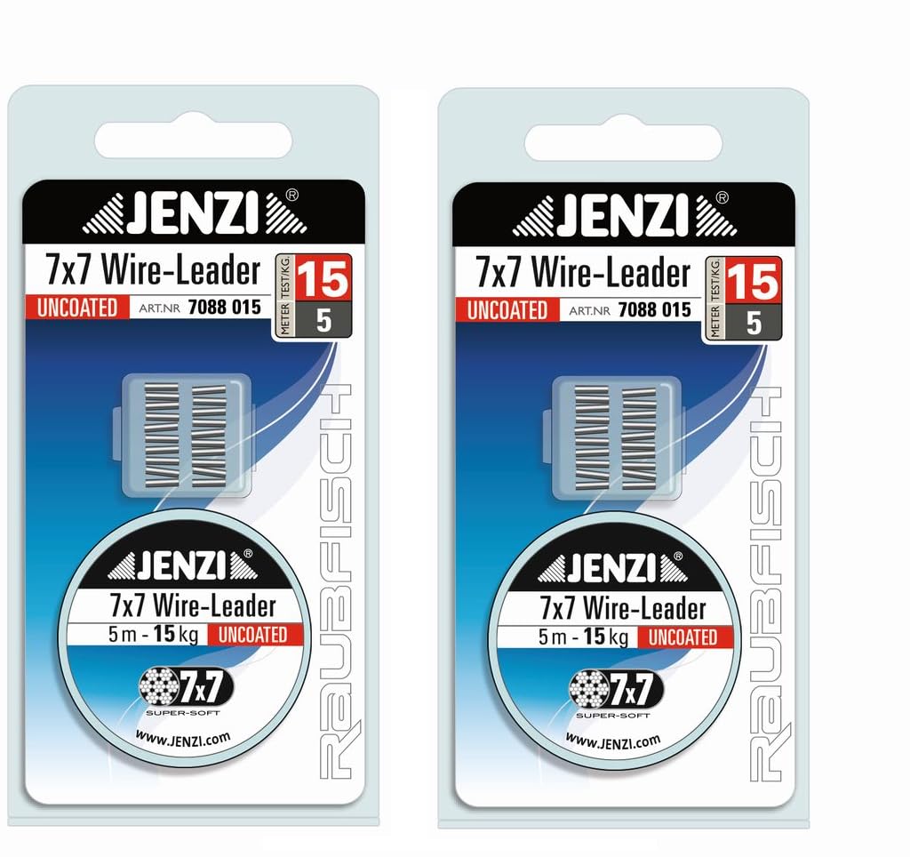 Set: 2 x Jenzi steel leader, Powerflex, 7 x 7, 15 kg, with 20 clamping sleeves + free Petri Heil! Sticker.