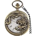 Alwesam Dragon Design Quartz Pocket Watch Roman Numerals with Chain Birthdays Gifts for Father's Days