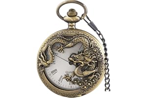 Alwesam Dragon Design Quartz Pocket Watch Roman Numerals with Chain Birthdays Gifts for Father's Days