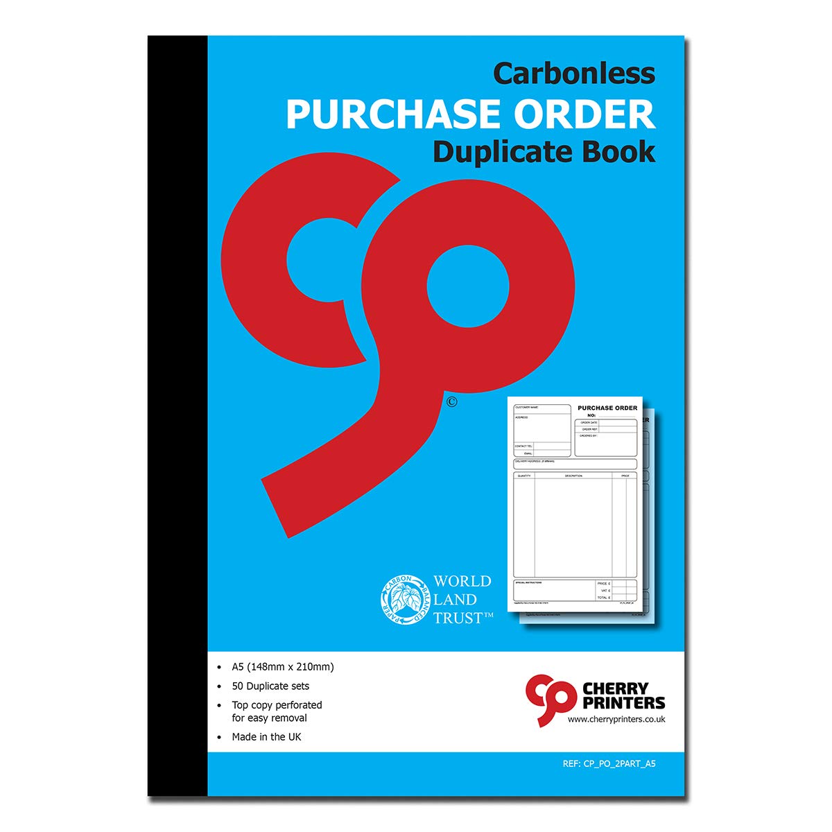 Cherry Printers | Carbonless Purchase Order Duplicate Book A5 | 2 Part NCR Order Book | 50 Duplicate Sets | Perforated Easy Tear Top Copy | Purchase Order Forms for Business Office | Made in The UK