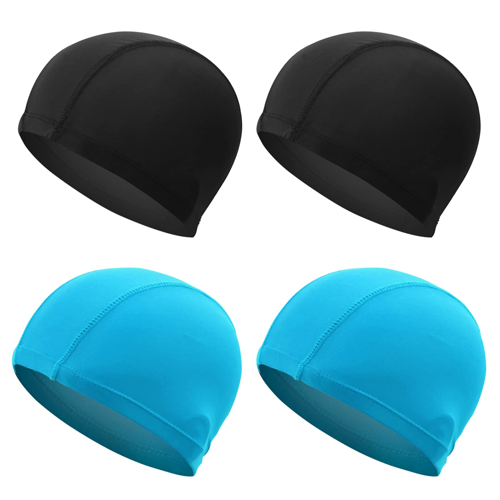 NITAIUN 4 Pieces Swimming Caps for Adult, Kids, Unisex Fabric Swimming Hat, Stretchable Cloth Swimming Hat Comfortable No Pull Hair Lightweight Bathing Caps, Black and Blue (4 Pieces)