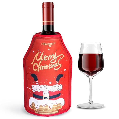 NEWGO® Wine Cooler Sleeve, Reusable Wine Ice Pack Sleeve with Protector, Rapid Cooling Insulator Bottle Chiller for Champagne Burt White Red Wine, Beer, Christmas Gift (Santa)
