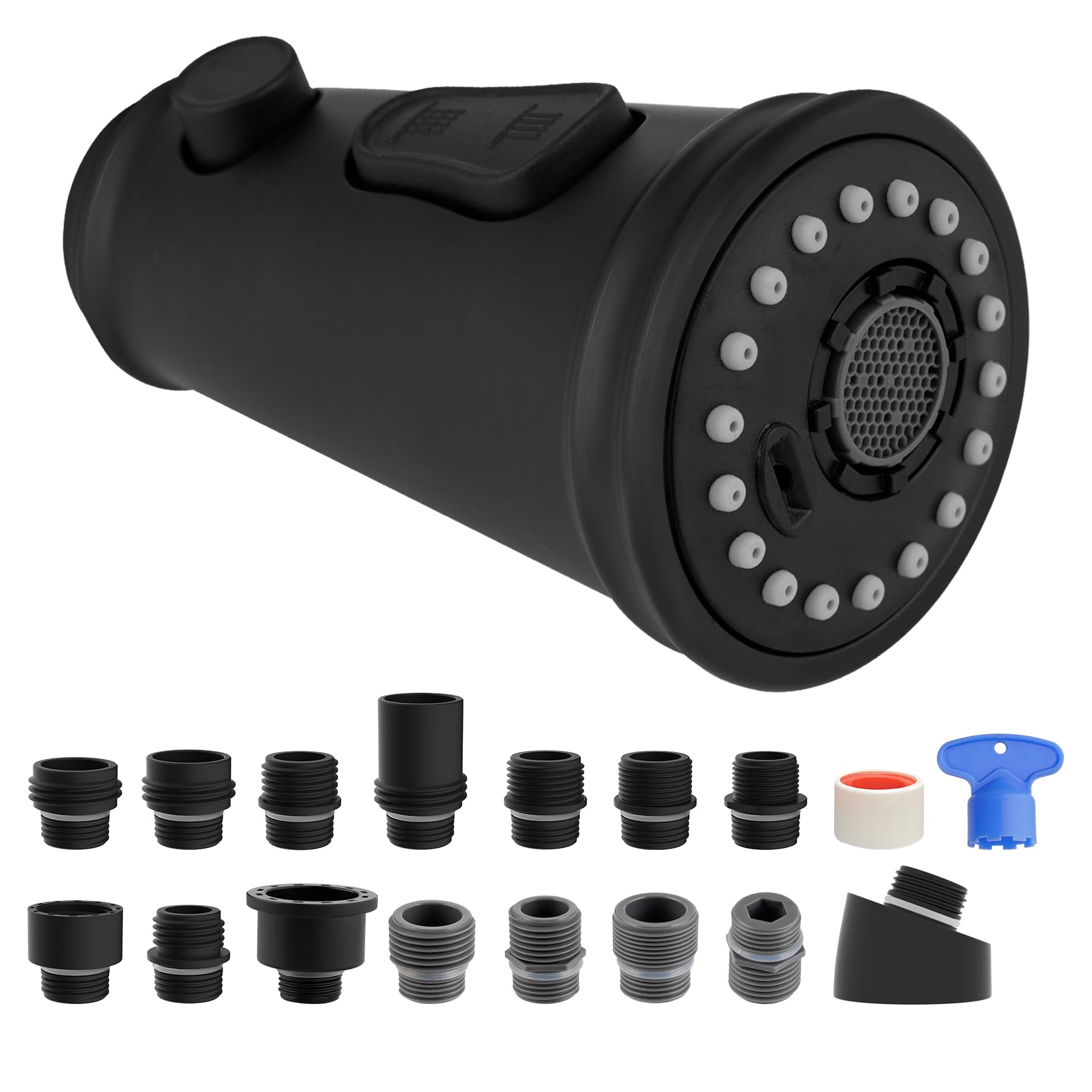 Photo 1 of Hibbent Pull Down Kitchen Faucet Head Replacement, 3-Function Kitchen Sink Faucet Head Sprayer Head Nozzle with 15 Adapters, Compatible with Moen, American Standard, Delta, Kohler Faucets-Matte Black