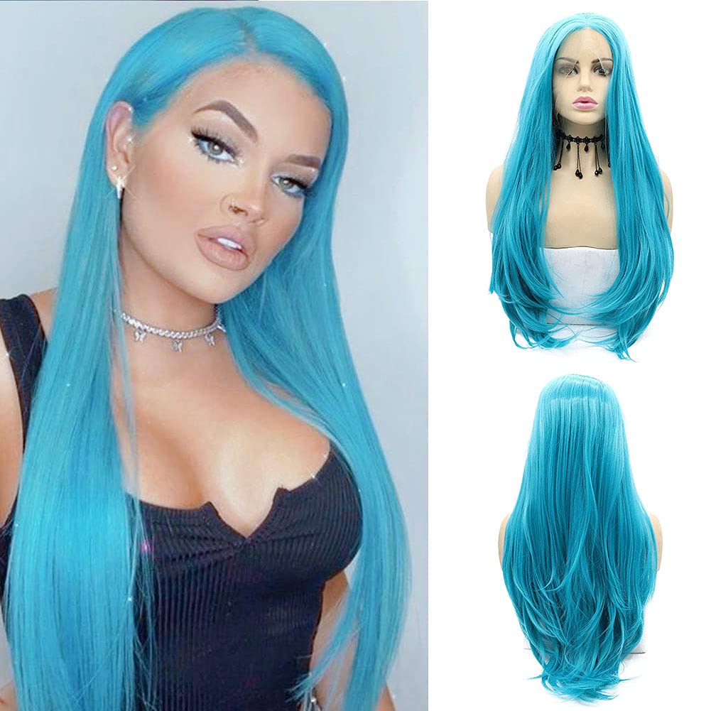 karissa Hair Pastel Blue Synthetic Lace Front Wig Long Straight Light Blue Wig Gluless Half Hand Tied Free Part Heat Resistant Realistic Wig Cosplay Daily Use โ image 1