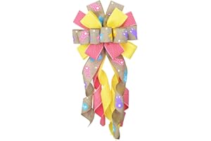 ESTIVAUX Large Happy Easter Wreath Bows for Front Door Decorations, Flaxen Yellow Pink Bows Easter Bunny Bow Holiday Burlap Tree Topper Bows for Wreath Wall Easter Party Decor
