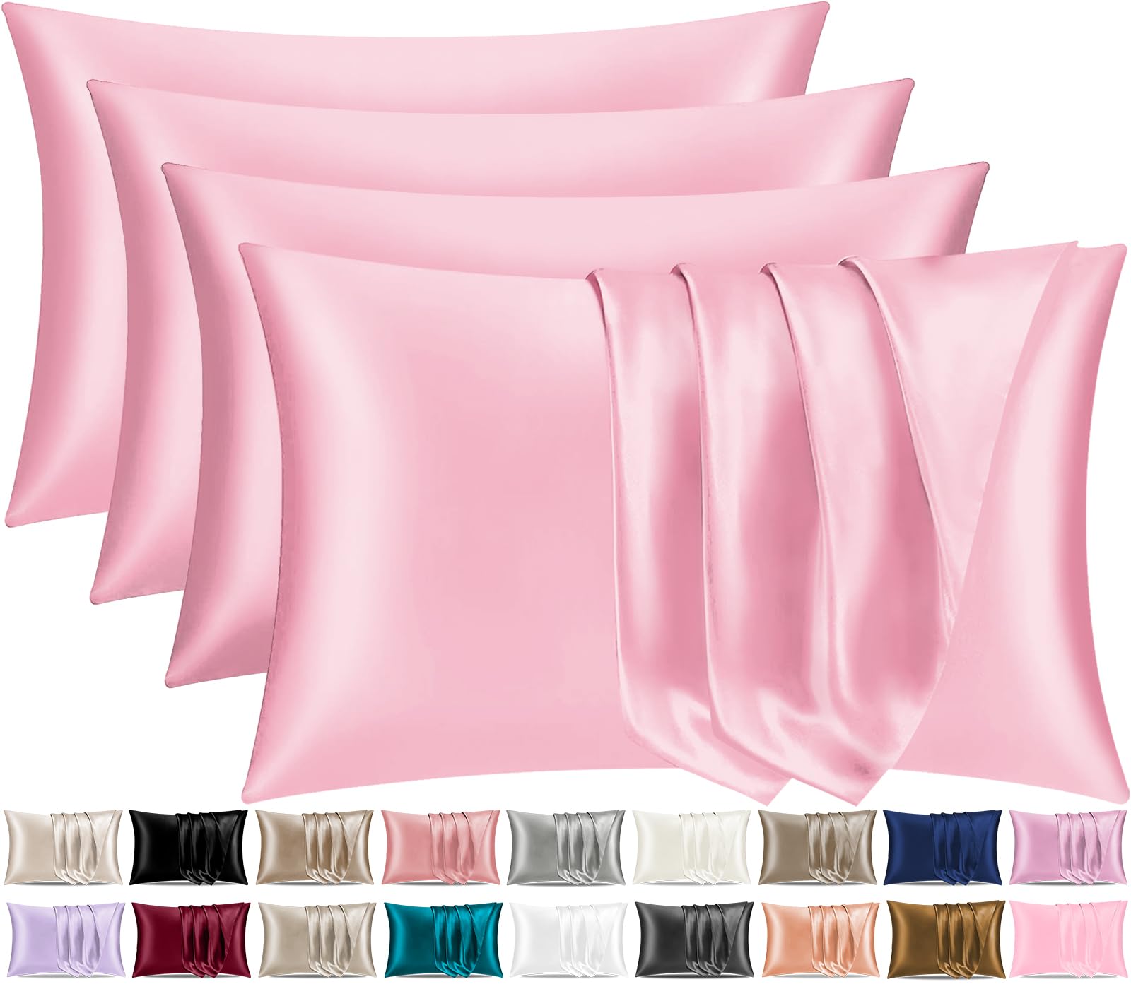 Pamposh Satin Silk Pillowcases For Hair And Skin 4 Pack Standard Size with Envelope Closure (4 Pcs Pillowcases (50 x 75 cm), Pink)