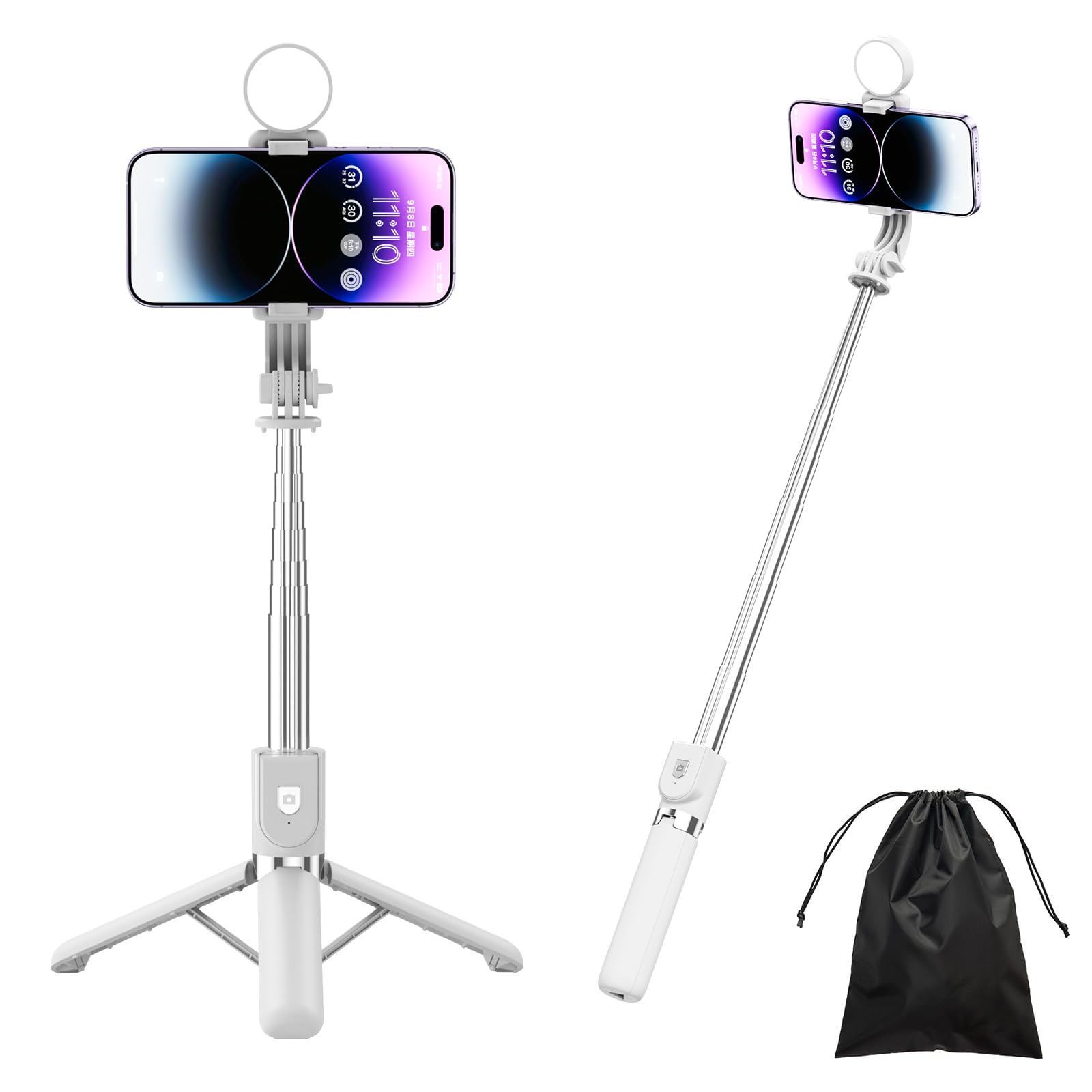 H.May Selfie Stick Tripod, 4 in 1 Stable Tripod Stand with Fill Light, 43" Extendable and Portable Selfie Stick with Detachable Wireless Remote Compatible with iPhone Galaxy GoPro Smartphone, White
