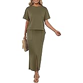 GRECERELLE Women Summer Casual 2 Piece Sets Crew-Neck Wrinkle-Free Top & Elastic Waist Maxi Front Slit Skirt with Pockets