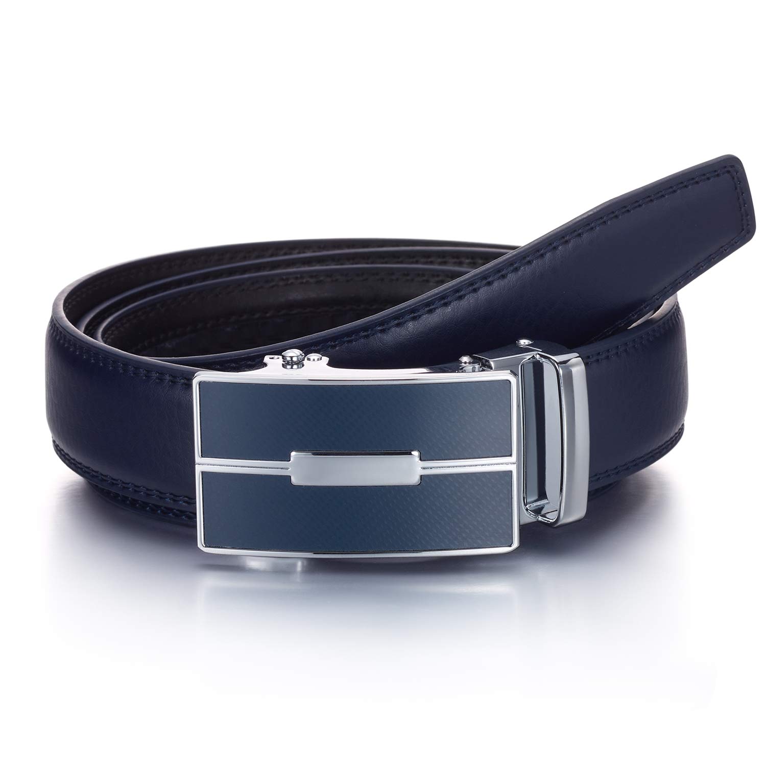 YEHMAN Men's Leather Automatic Ratchet Belt with Sliding Buckle without holes 3 cm (505 Navy, 120 cm)