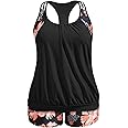 Holipick Plus Size Tankini Swimsuit for Women Two Piece Tummy Control Bathing Suit Blouson Racerback Tankini Top with Shorts