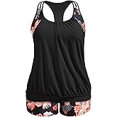 Holipick Plus Size Tankini Swimsuit for Women Two Piece Tummy Control Bathing Suit Blouson Racerback Tankini Top with Shorts